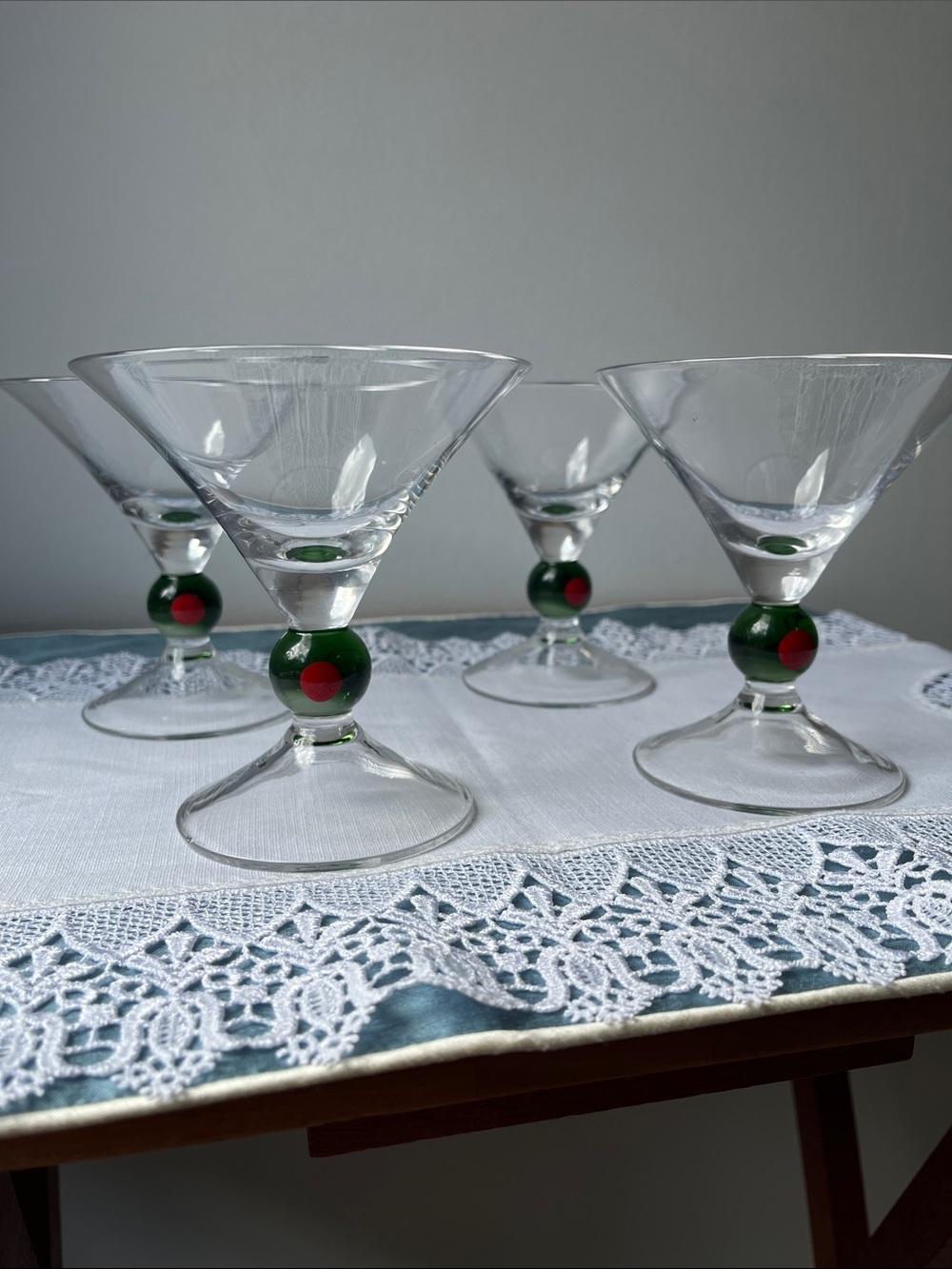 Mid Century Style Artland Olive Stem Martini Glasses Set of 4 Hand-Blown Crystal